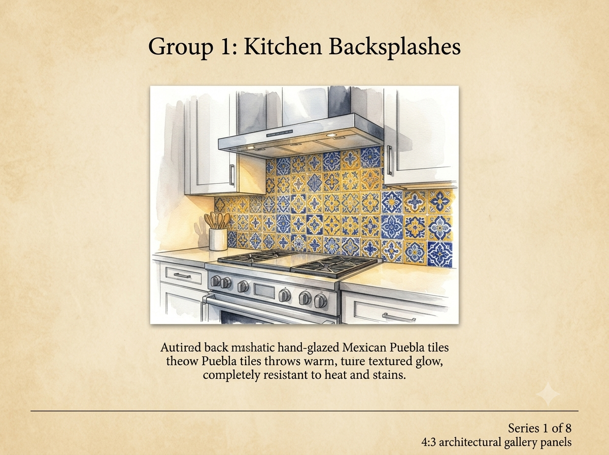 Authentic hand-painted Mexican Talavera tile kitchen backsplash featuring traditional cobalt blue and sunflower yellow